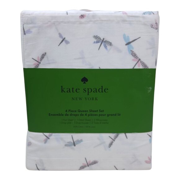 Kate Spade New York 4 Piece Queen Sheet Set Dragonfly Print 100% Cotton - Picture 1 of 9